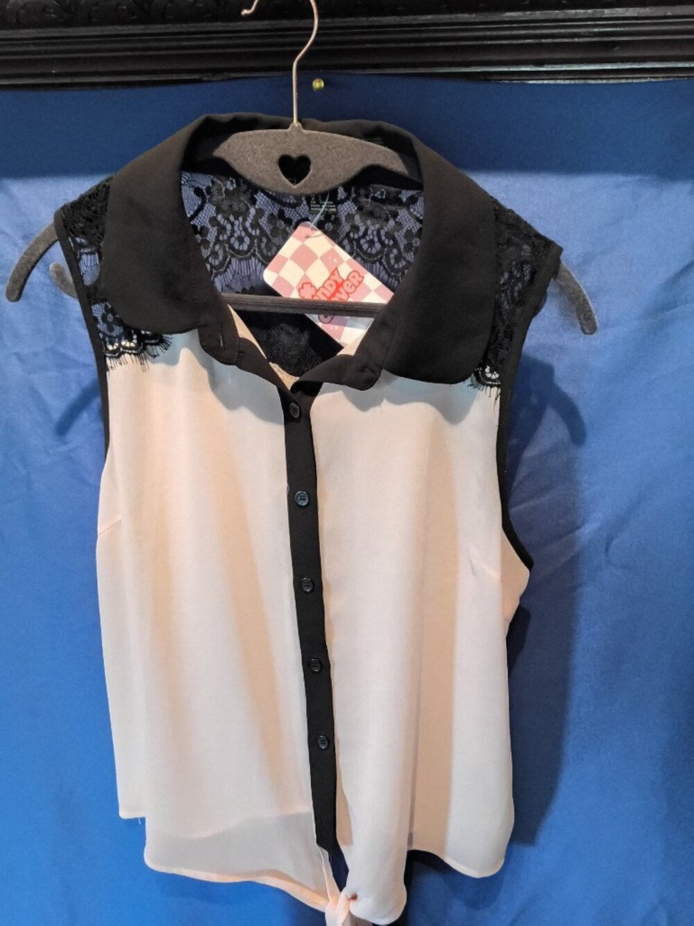 Blush Pink & Black Lace button down Tie @ bottom blouse. Size large Free Shippin